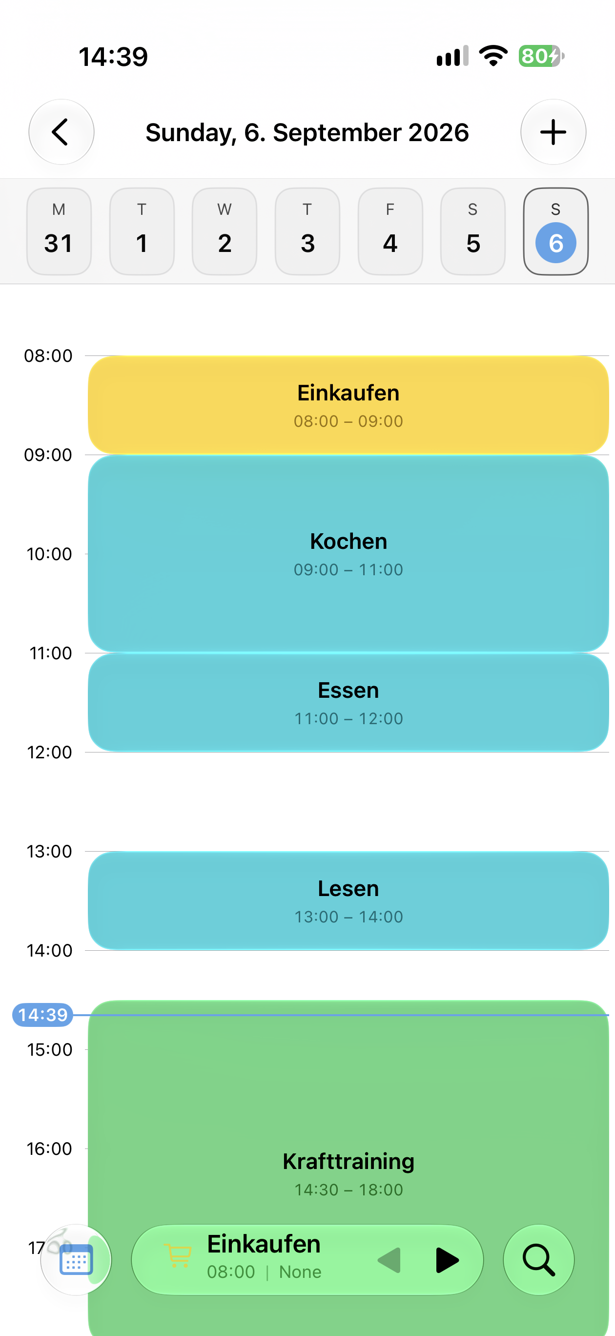 Tagesplan am 6. September mit Einkaufen, Kochen, Essen, Lesen und Krafttraining
