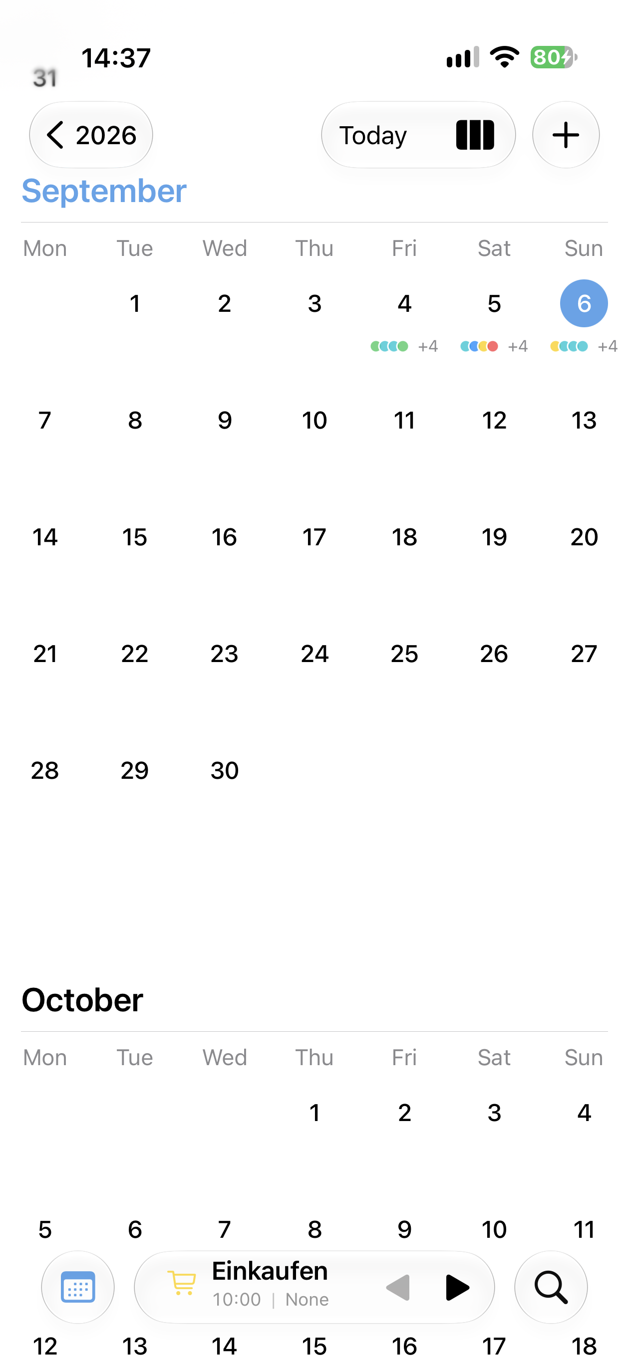 September 2026 mit farbigen Erinnerungspunkten und ausgewähltem Sonntag, dem 6. September