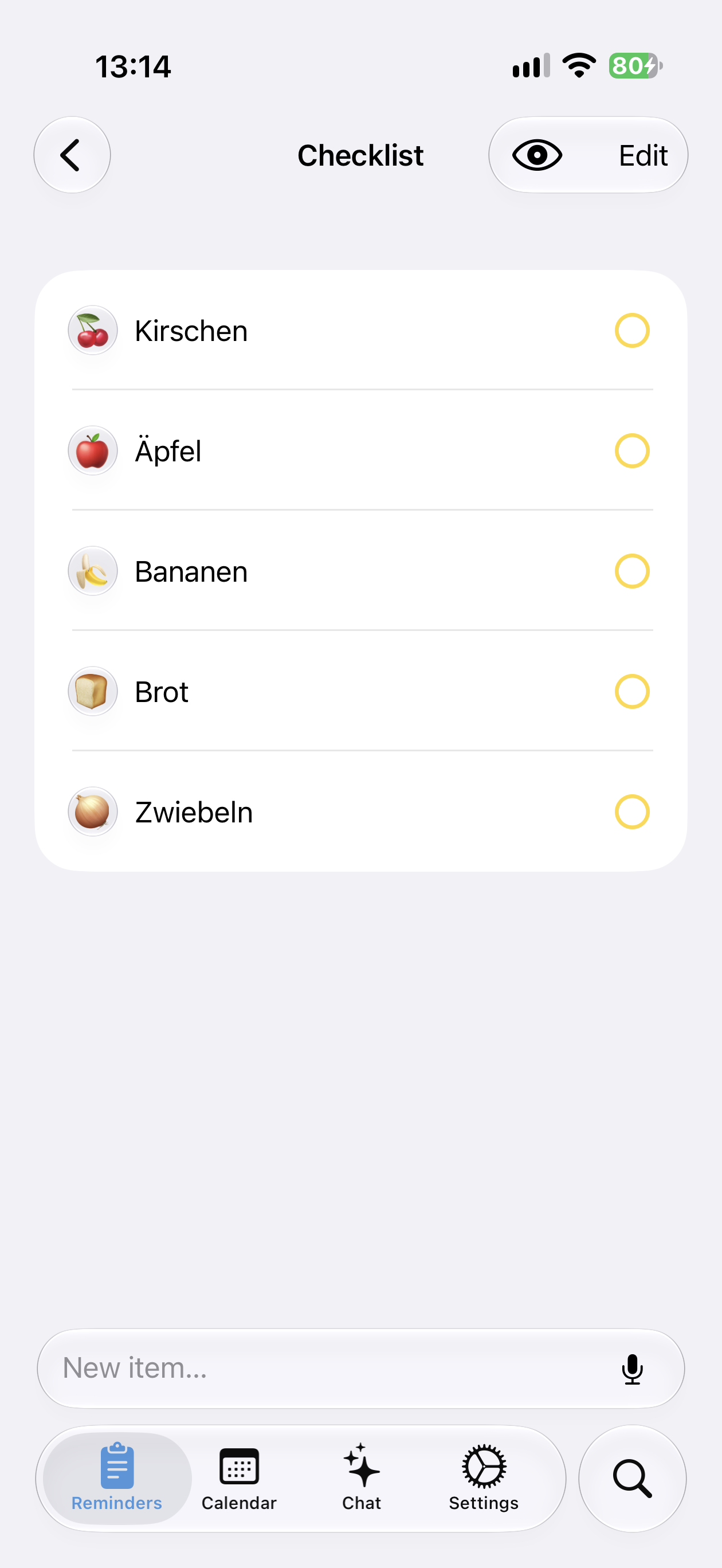 Checkliste mit Kirschen, Äpfeln, Bananen, Brot und Zwiebeln