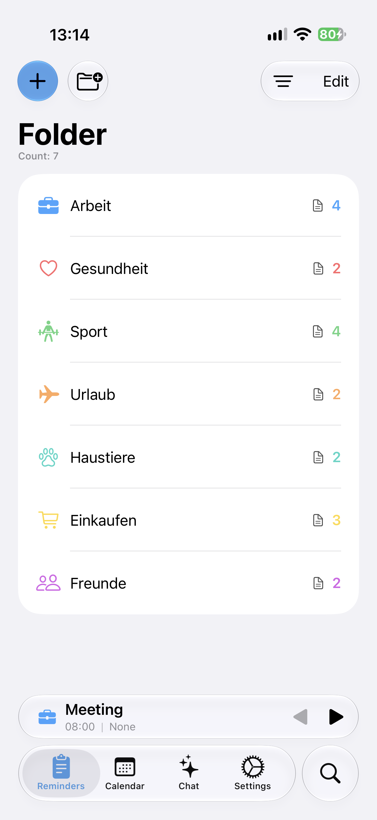 Managed Ordnerübersicht mit Arbeit, Gesundheit, Sport, Urlaub, Haustieren, Einkaufen und Freunden