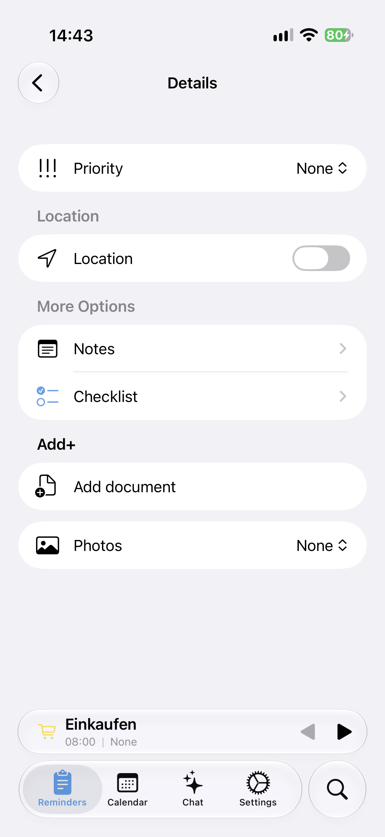 Details der Morgenroutine mit Priorität, Standort, Notizen, Checkliste, Dokumenten und Fotos