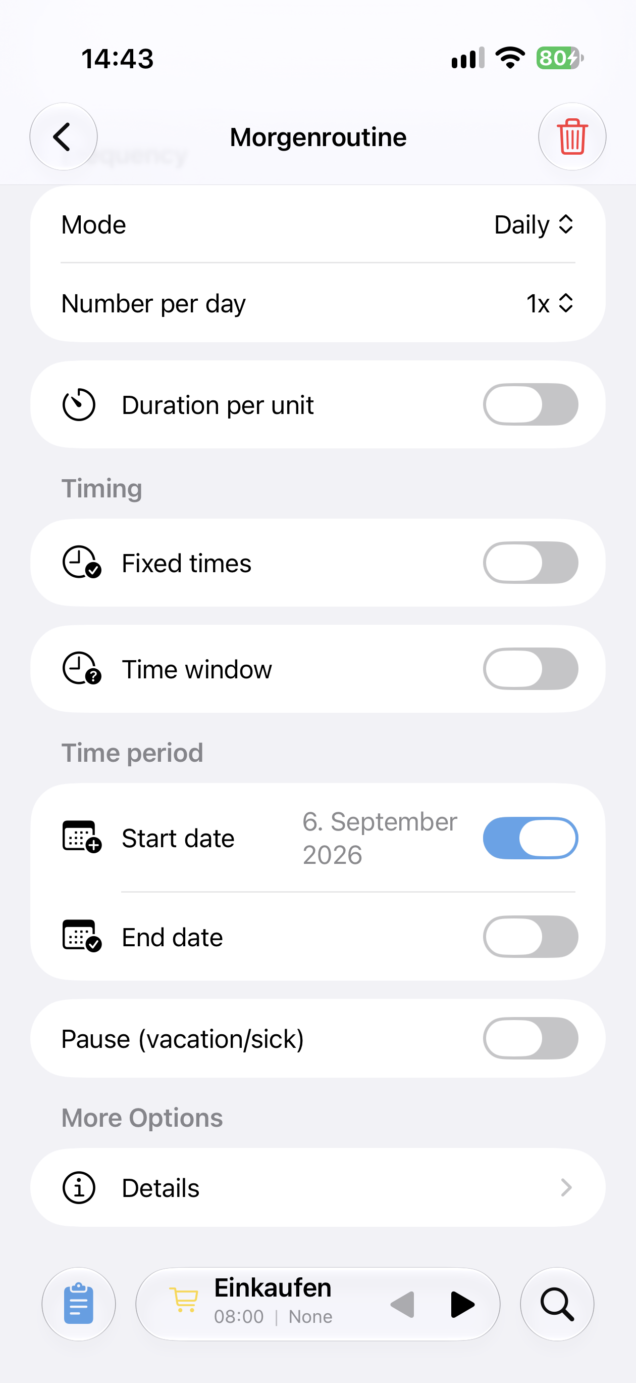 Zeiteinstellungen der Morgenroutine mit Startdatum und der Zeile Details