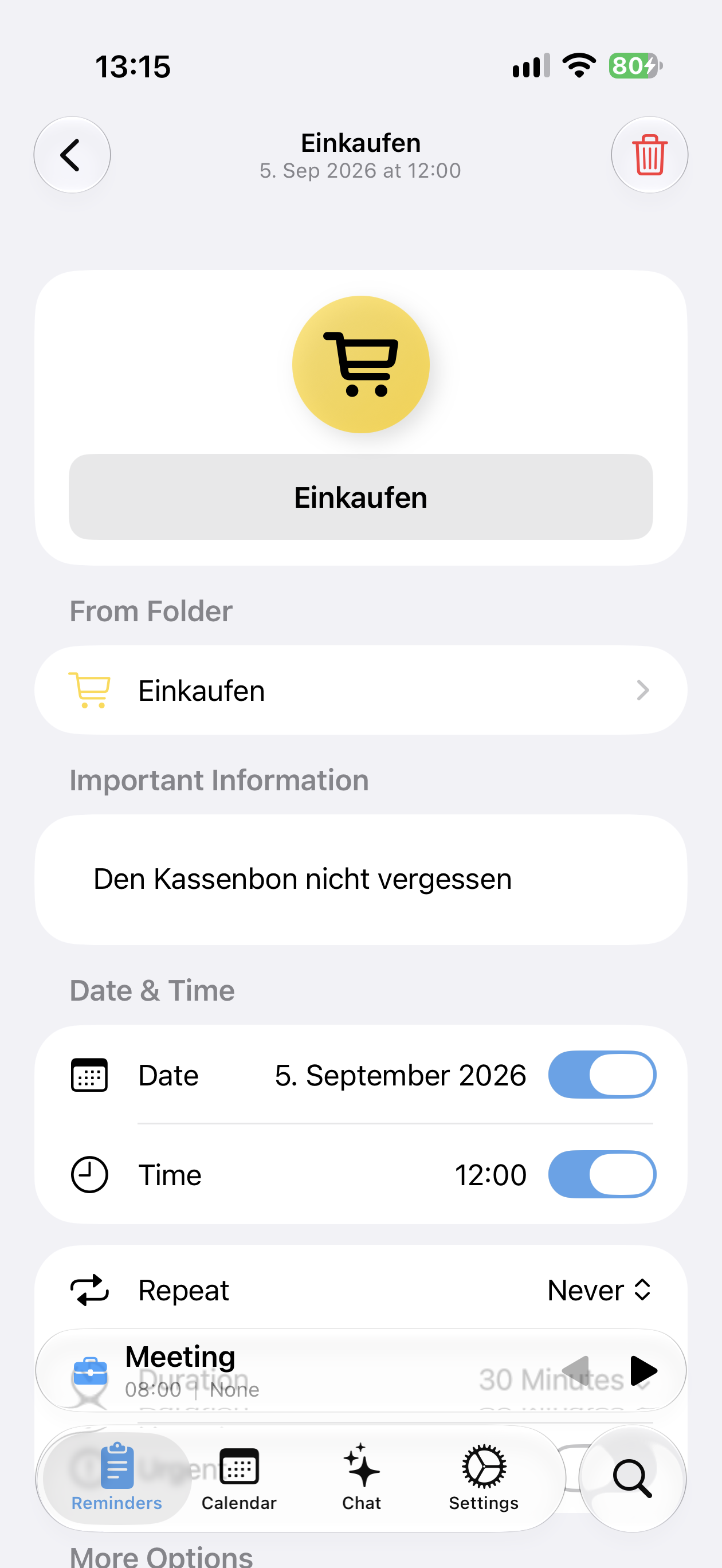 Einkaufen: Erinnerung mit Datum, Uhrzeit und Notiz